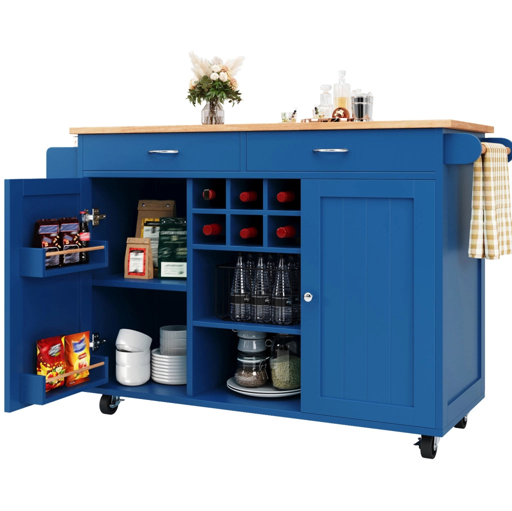 Isola cucina 102x45x92 cm con ruote bloccabili e spazio laterale; MDF e metallo; blu