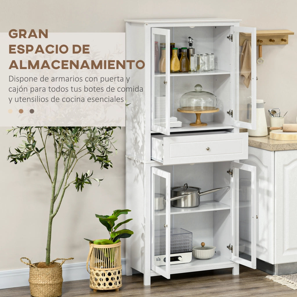 Mobile Vetrina Cucina ¨C Xylo ¨C 4 Ante Vetro con Cassetto e Ripiani Regolabili 74x35,5x181,5cm Bianco