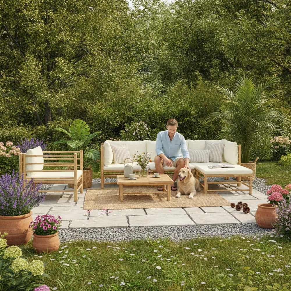 6-piece Garden Lounge Set With Cream-white Bamboo Cushions