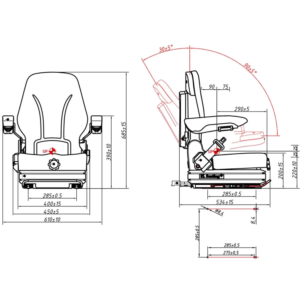 Sedile per trattore 42 x 47 cm con sospensioni regolabili in acciaio verniciato a polvere PVC schiuma sintetica nera 14_0009936