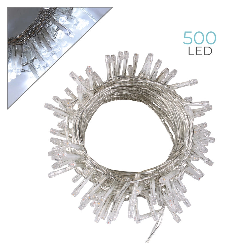 CATENA 500 LUCI LED BIANCHE CAVO TRASPARENTE DA 25MT PER INTERNI/ESTERNI - ILLUMINAZIONE A BASSA TENSIONE 31V
