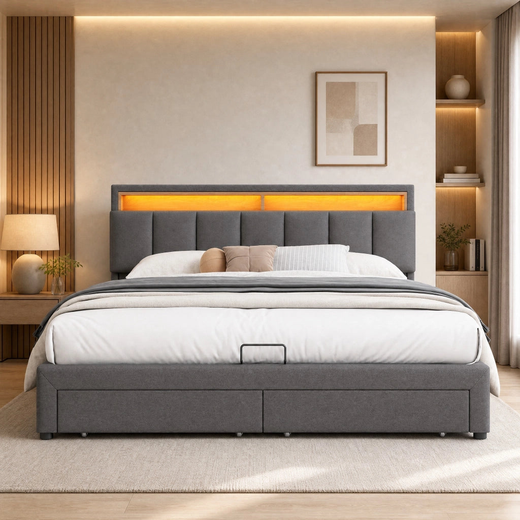Letto imbottito 180x200 cm con illuminazione LED; rete a doghe; lino; grigio scuro