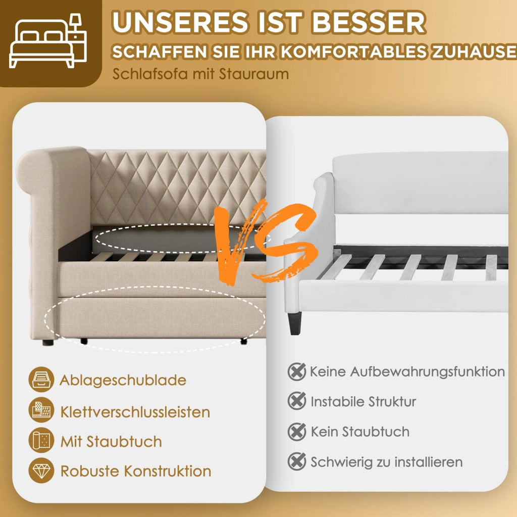 Divano letto vintage 90x200 cm in lino beige con 2 cassetti