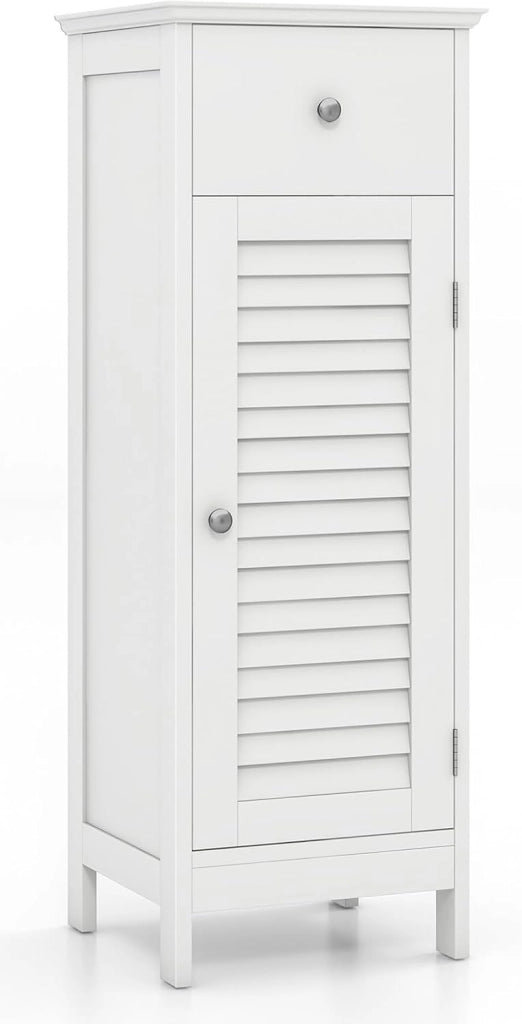 Armadietto portaoggetti da pavimento per bagno, autoportante, con 1 anta, 1 cassetto e ripiano regolabile a 3 altezze, armadio sottile, organizer per camera da letto, soggiorno, corridoio