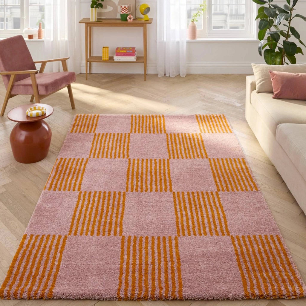 Tappeto interno a scacchi arancione e rosa