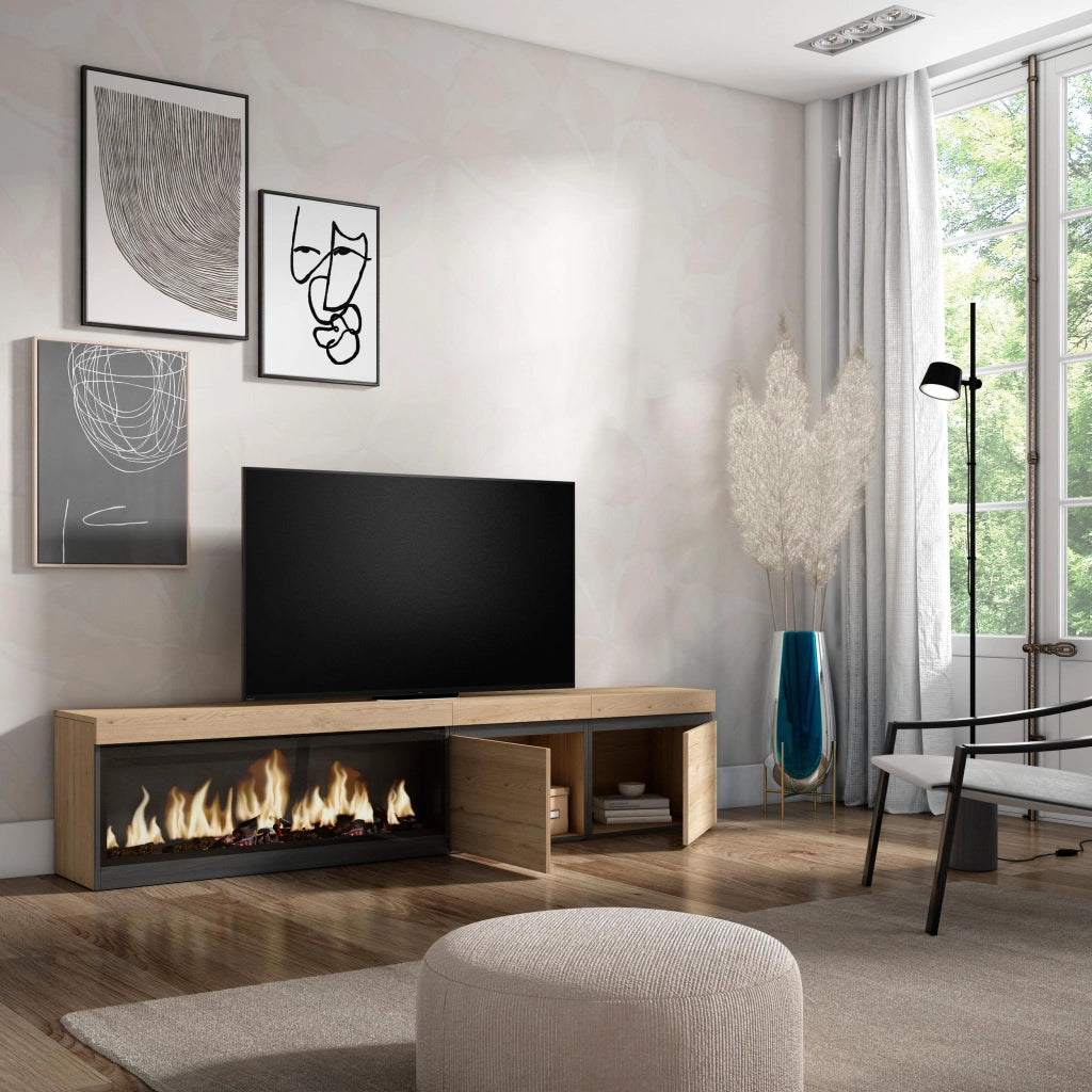 Mobile TV Soggiorno, 208x35x45cm, Per TV fino a 80", Camino elettrico XXL, colore Rovere RF3273