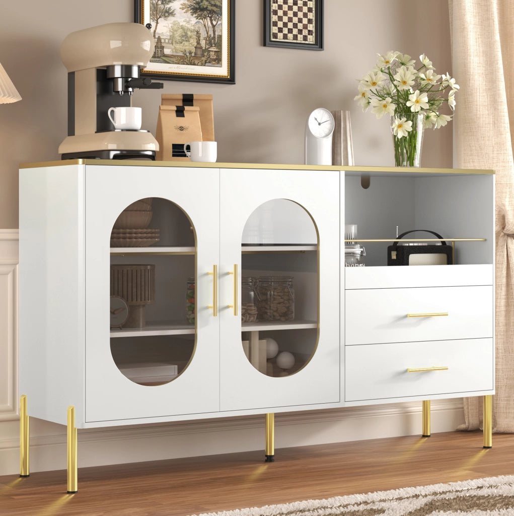 Credenza bianca 140 cm con 2 cassetti e ante in vetro