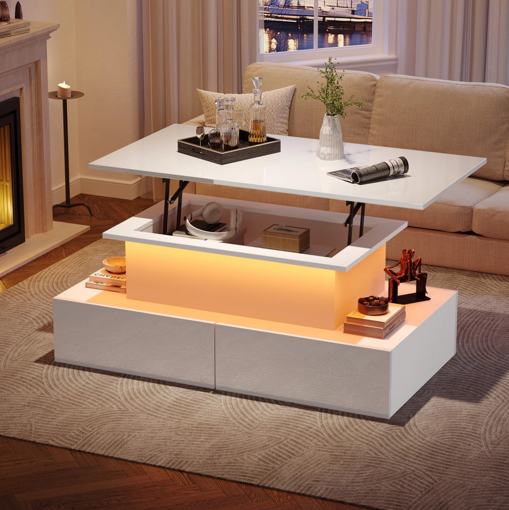 Tavolino da caffè LED in finitura bianco lucido 90x55x41 cm con 4 cassetti e vano contenitore