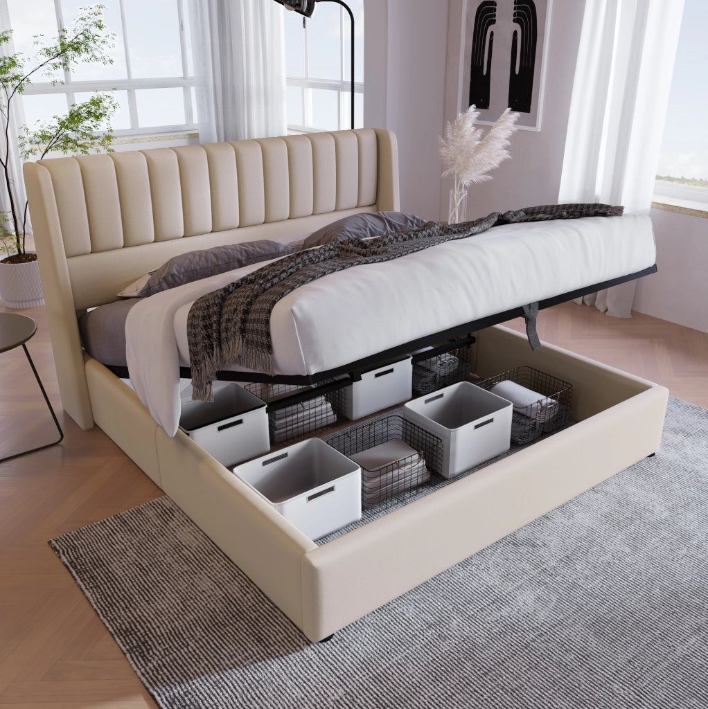 Letto contenitore imbottito beige 160x200 cm con sollevamento idraulico