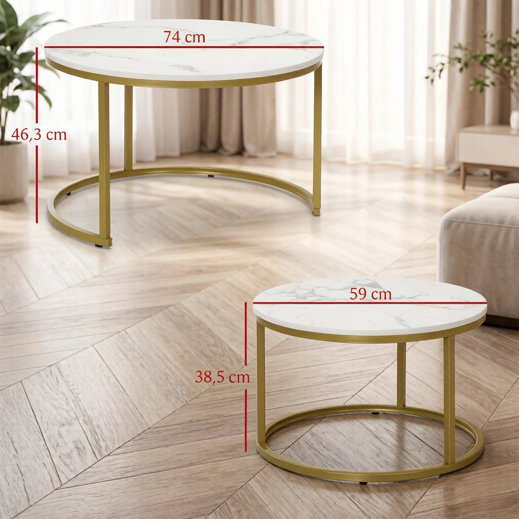 TAVOLINO DA SALOTTO Set da 2 pezzi rotondo Ø 74/59 cm Bianco Oro