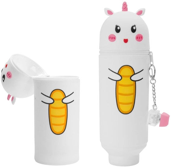 Etui 2-in-1 in silicone morbido, contenitore in piedi, portacenere per animali, etui per bambini con tema unicorno bianco