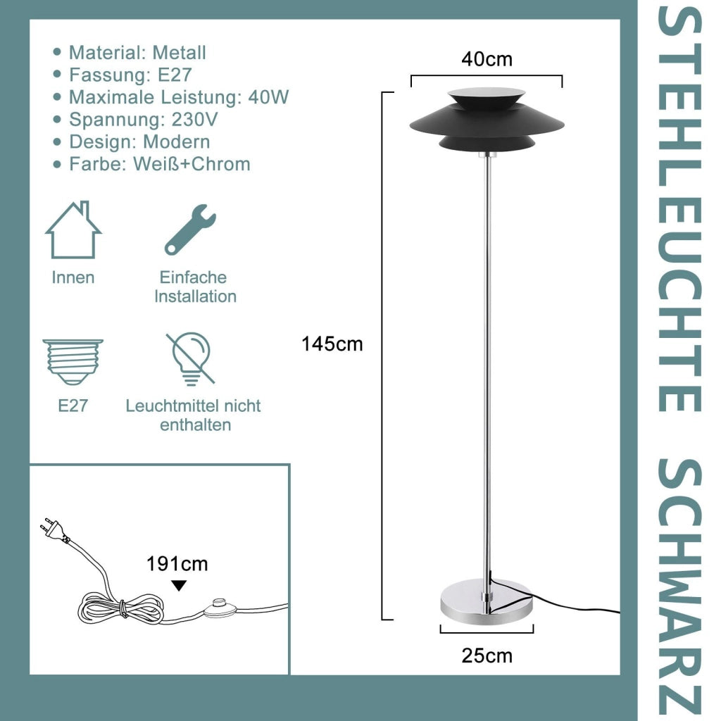 ZMH Lampada da terra vintage nera E27 metallo industriale 145cm interruttore pedale per camera letto ufficio
