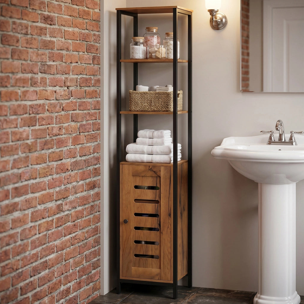 Mobile da Bagno a Colonna 37x30x167 cm Salvaspazio con Ante Soft Close a Persiana 3 Ripiani Aperti Struttura in Acciaio
