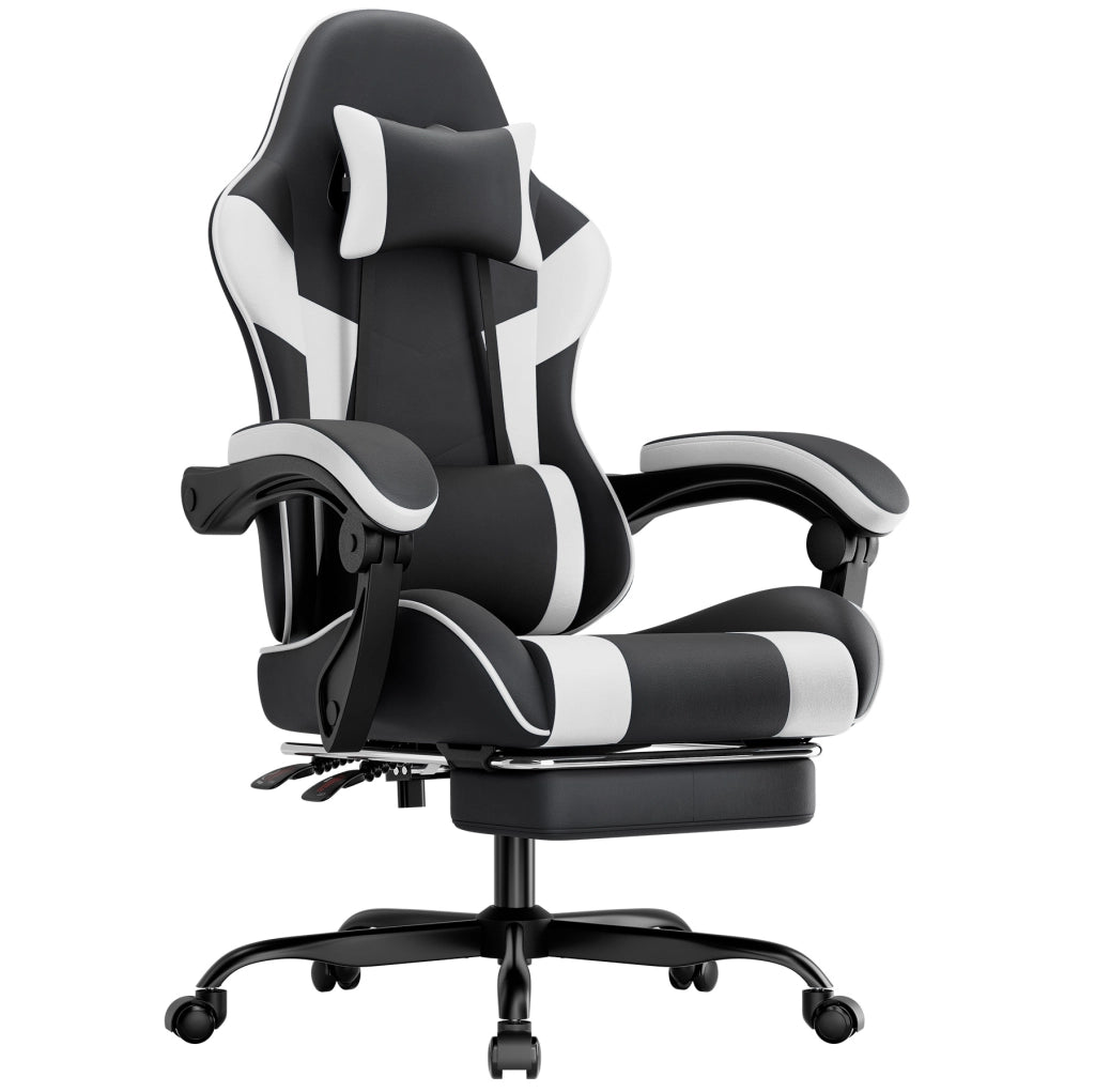 Sedia gaming ergonomica con supporto lombare e poggiapiedi; PVC nero e bianco