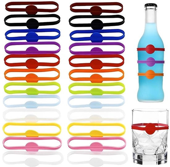 Segnali per bicchieri - 24 pezzi - pennarelli in silicone - riutilizzabili - per bicchieri da vino/coppe/cocktail - elastici - lavabili - segnali per bicchieri