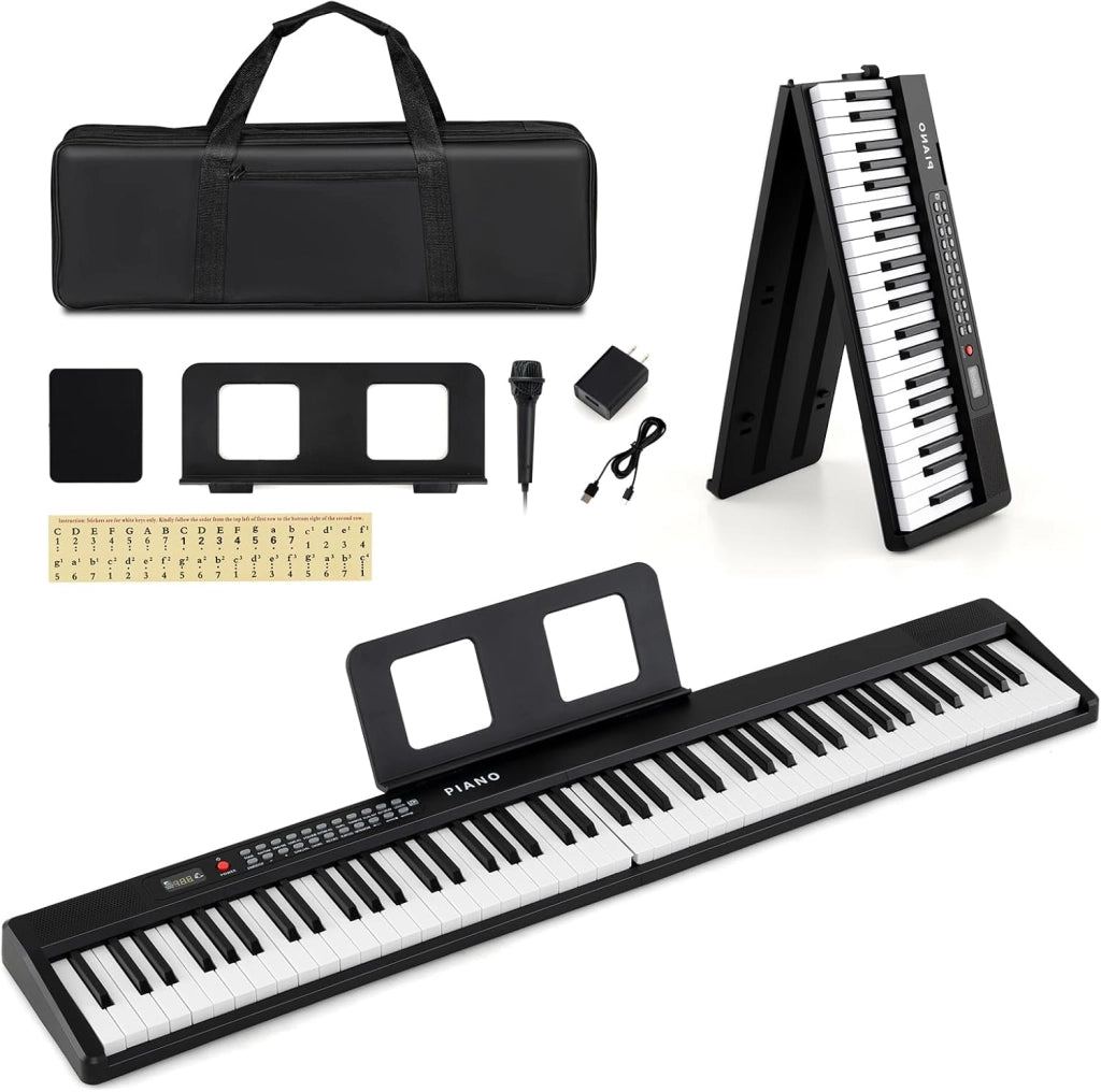 Pianoforte Digitale 88 Tasti Pieghevole, con 1000 Suoni, 1000 Ritmi & 150 Canzoni Demo, Tastiera Elettronica con Microfono, Pianola Facile da Trasportare con Borsa, Nero