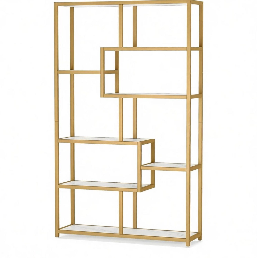 Libreria a 8 ripiani in metallo dorato e bianco 180x100x20 cm