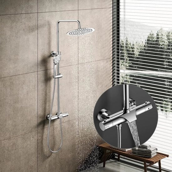 Sistema doccia con termostato, impianto doccia (set doccia, attrezzatura doccia, doccia a pioggia, doccia a getto 25cm, doccia manuale con 3 tipi di getto, tubo doccia in acciaio inox regolabile) doccia per bagno
