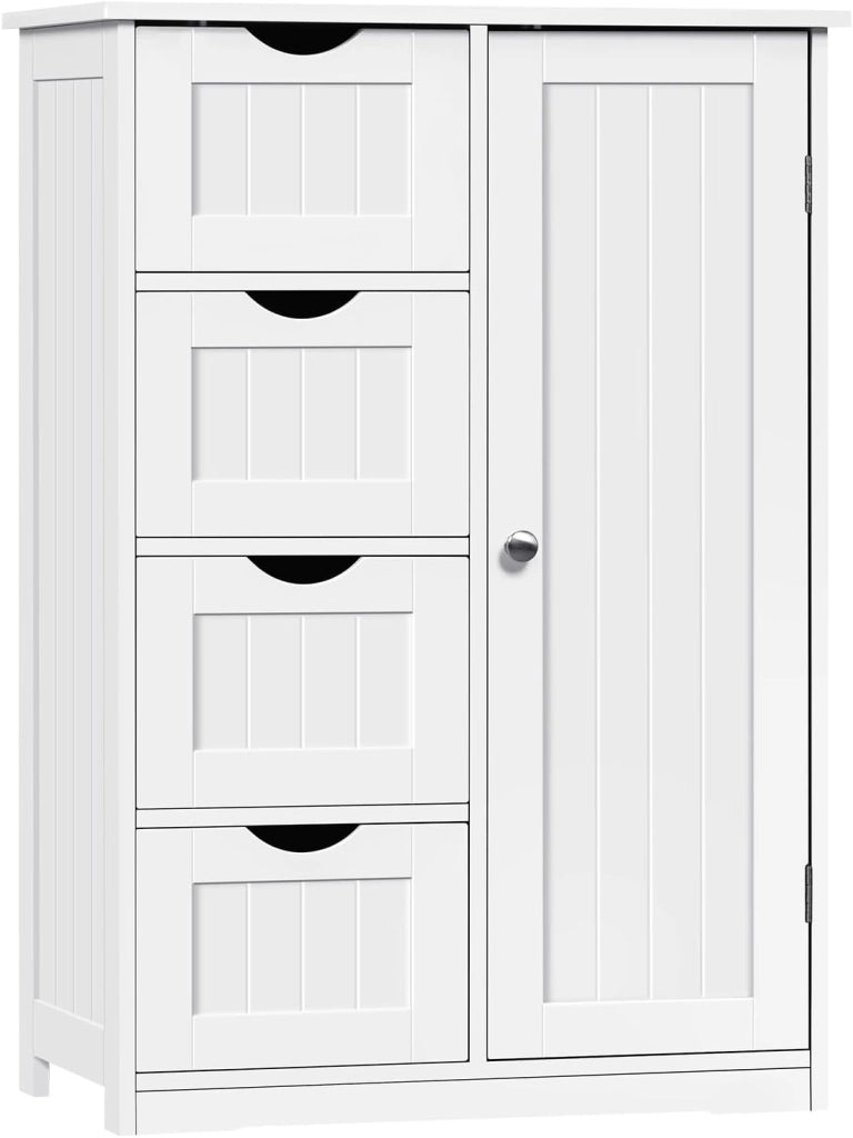 Mobile da Bagno Bianco Con 4 Cassetti e 2 Scomparti Regolabili, Portaoggetti per Camera da Letto/Corridoio/Cucina, 56x30x81cm