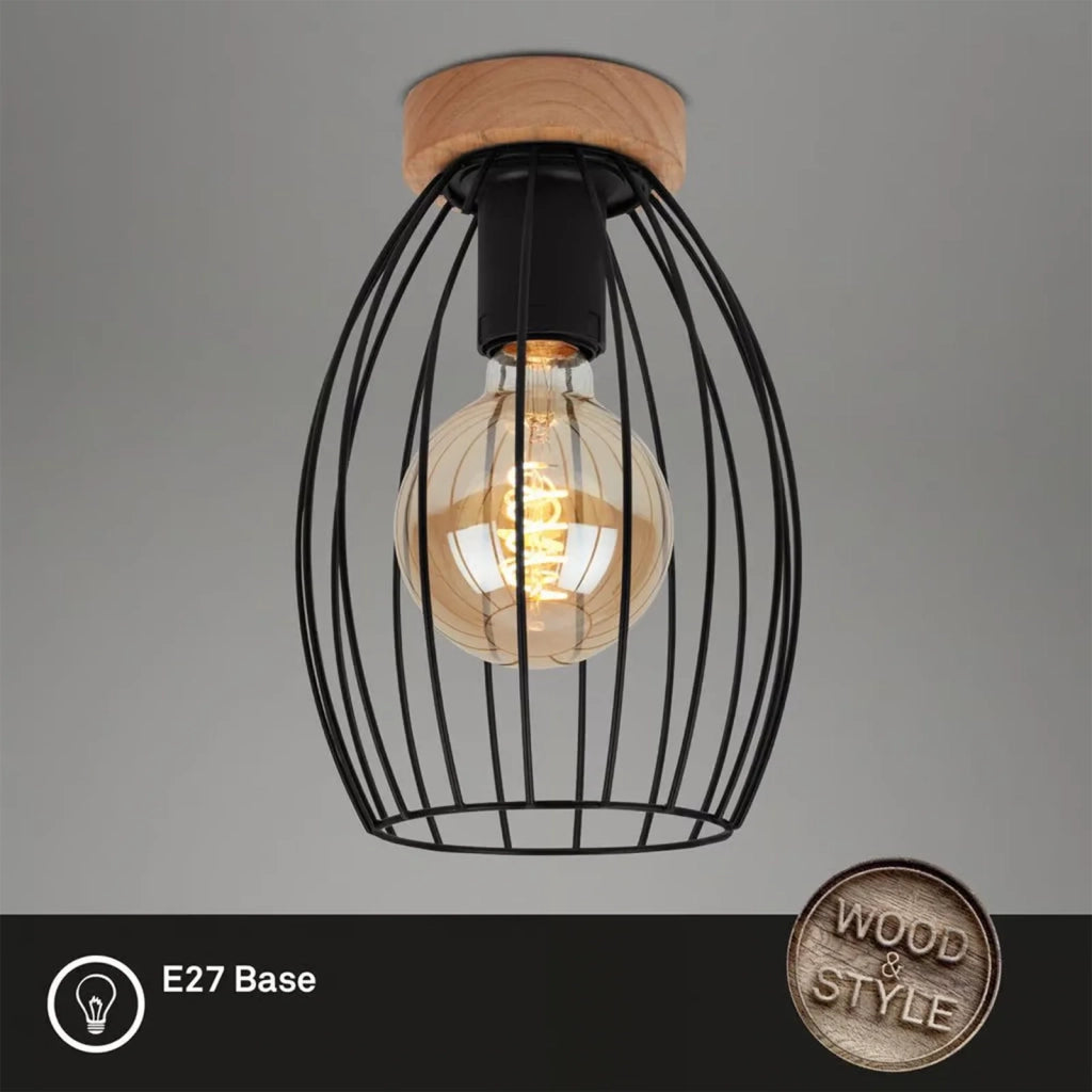 Plafoniera Vintage Industrial Waktu Metallo Nero Legno Marrone 1 Luce E27