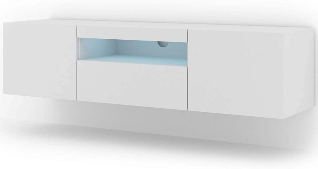 MOBILE TV PIANO TV SOSPESO O A TERRA BIANCO OPACO CON LED 150x37x42cm AURA