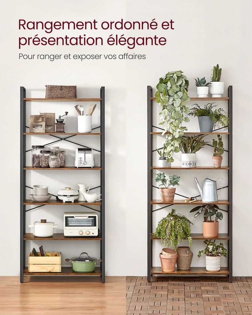 Libreria a 6 ripiani con struttura in acciaio per soggiorno ufficio ingresso stile industriale 80 x 30 x 186 cm marrone 12_0005452