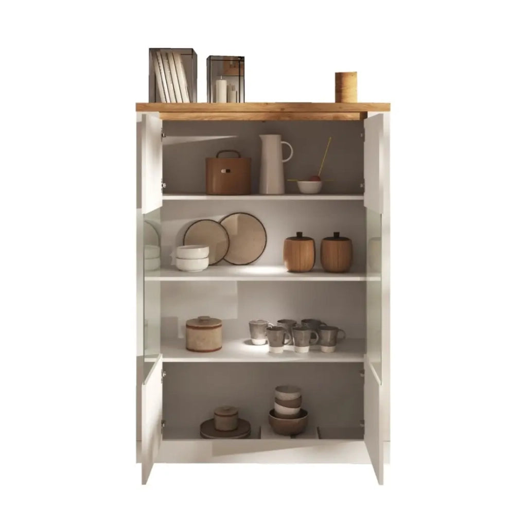 Vetrina SASHA – 2 porte in vetro +3 scaffali con LED integrato – Bianco lucido e Rovere Cadiz
