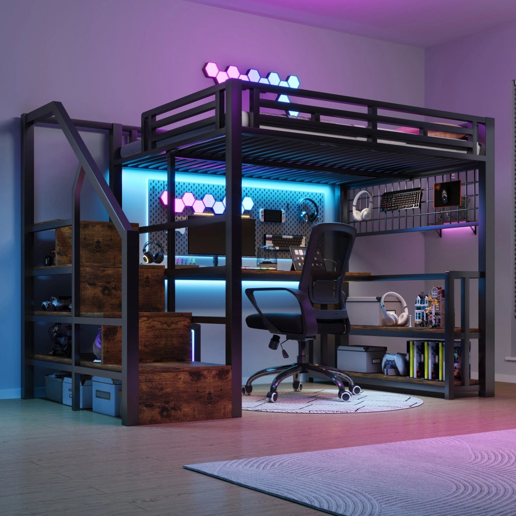Letto a soppalco 140x200 cm con scrivania; LED e contenimento in metallo e MDF nero