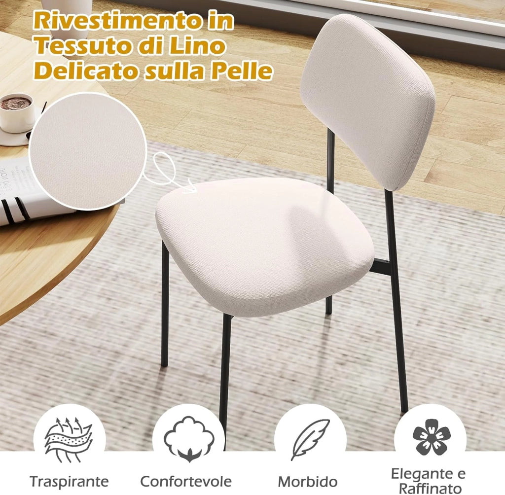 Set di 4 Sedie da Pranzo, Sedie da Cucina in Tessuto Lino con Gambe in Metallo, Sedile Imbottito in Cotone e Schienale Curvo, Sedia senza Braccioli per Sala da Pranzo, Soggiorno e Ufficio