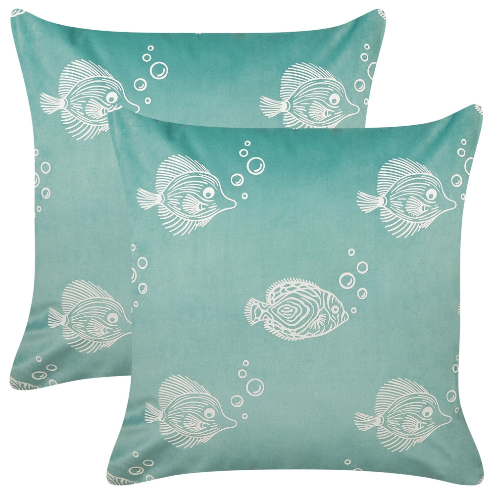 Set di 2 cuscini in velluto verde ricamati con motivo con pesciolini 45 x 45 cm morbida imbottitura