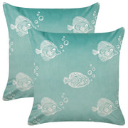 Set di 2 cuscini in velluto verde ricamati con motivo con pesciolini 45 x 45 cm morbida imbottitura