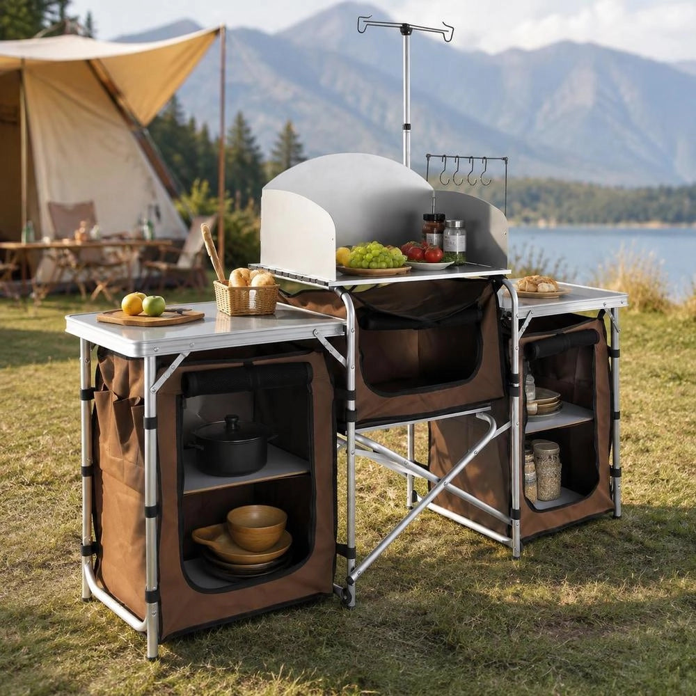 Camping Kitchen, Camping Cabinet 174 X 176 X 46 Cm, Table Kitchen With Lamp Pole & Hooks, Travel Kitchen, Foldable Outdoor Kitchen Box, Aluminum Frame, Kitchen Cabinet, Camping Stove For Camping, Picnics, Etc.