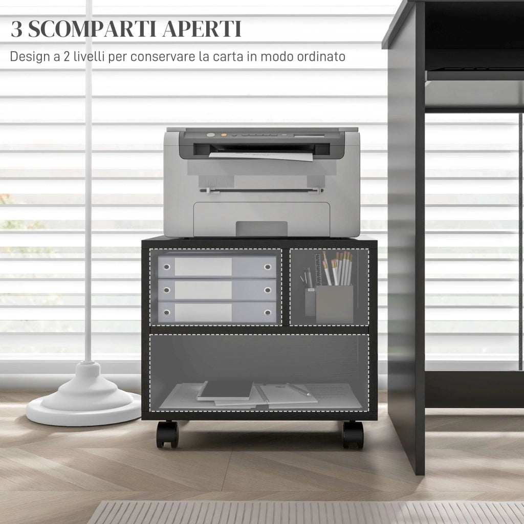 Mobile Porta Stampante a 2 Livelli con 3 Scomparti e Ruote per Ufficio e Studio 40x30x36 cm in Truciolato Nero