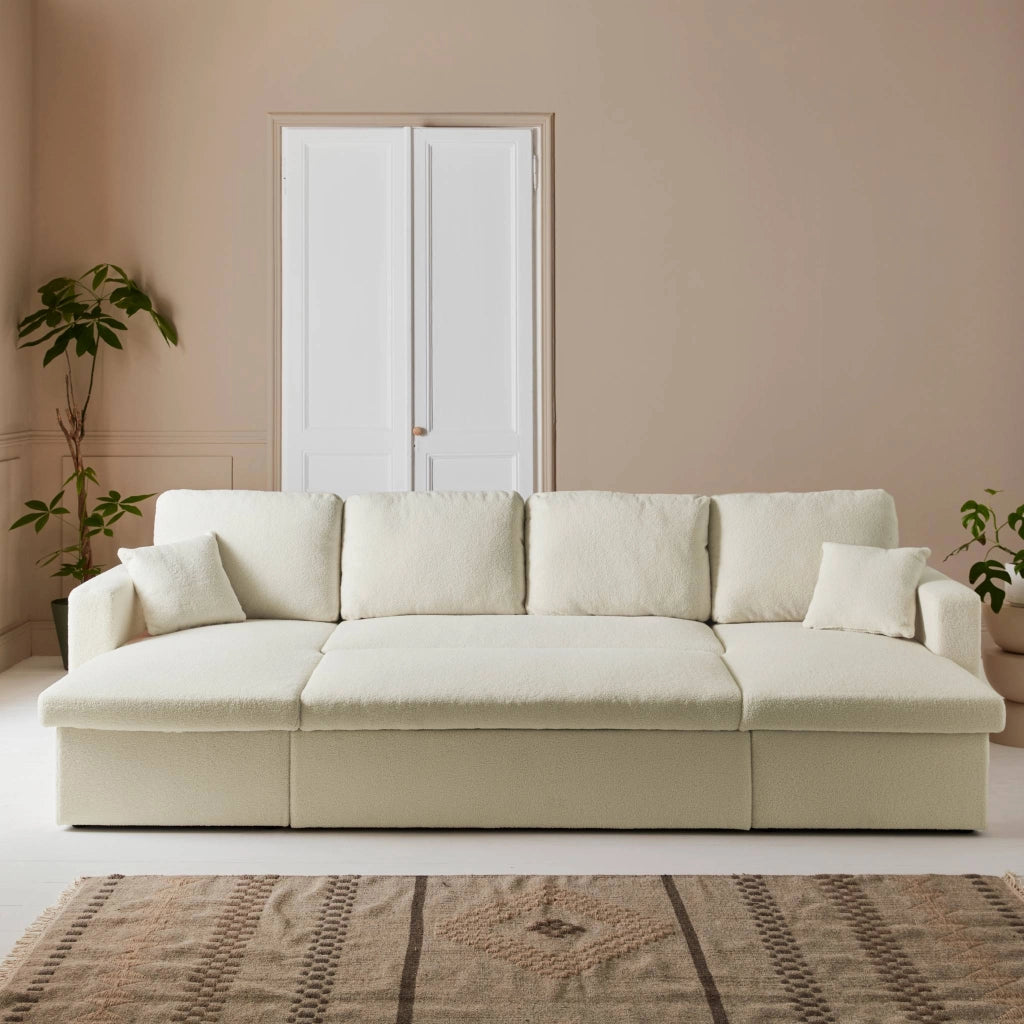 Divano letto panoramico in tessuto bouclé, 4 posti, crema