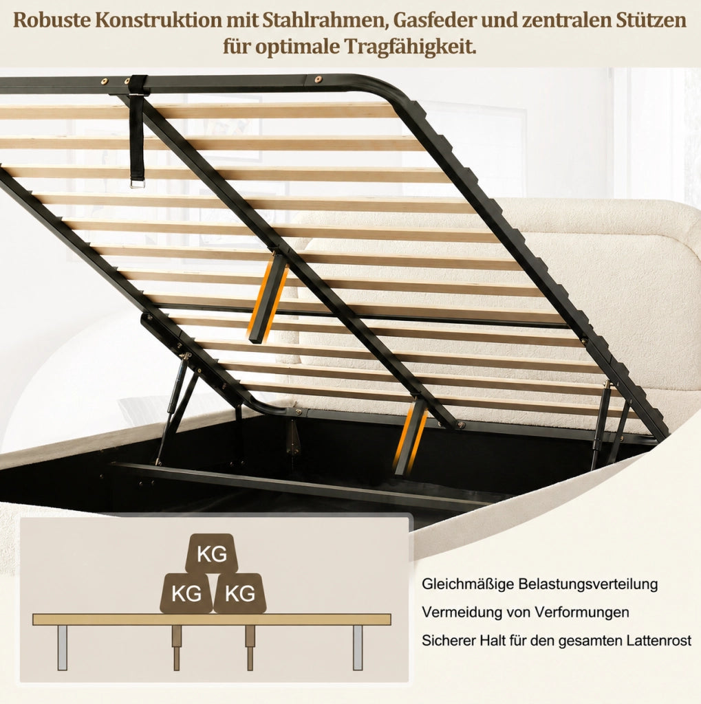 LETTO Contenitore idraulico 140x200 cm Bouclé beige