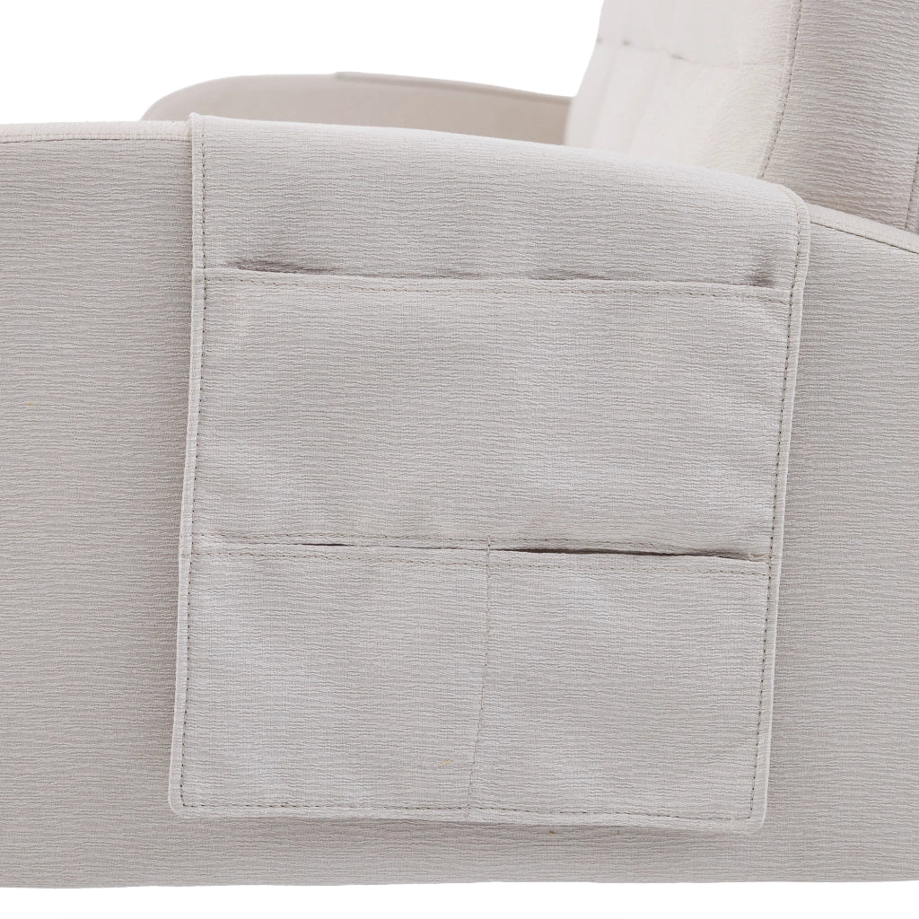 Divano angolare modulare 3 posti con chaise longue e tasche laterali; seduta confortevole in tessuto beige