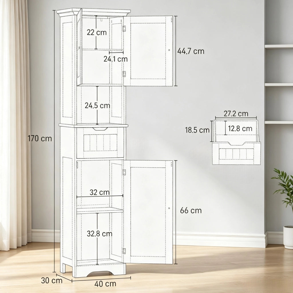 Colonna bagno stretta 40x30x170 cm con LED e cassetto