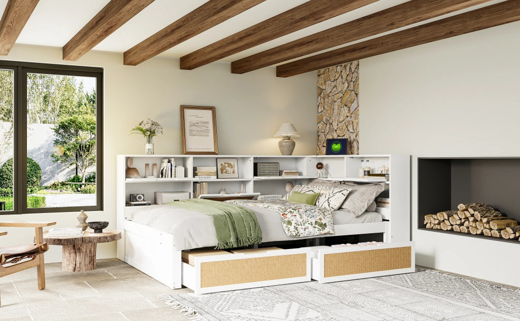 DESMIU Lit simple 140 × 200 cm con contenitore, USB e Type-C, 2 cassetti, senza materasso, in MDF, bianco