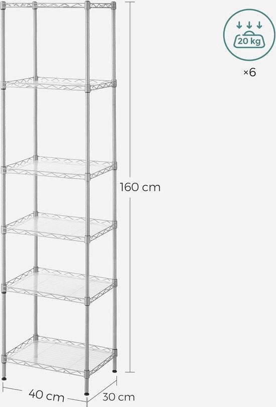 Rack da cucina a 6 livelli, rack metallico, rack verticale, con griglia regolabile in altezza, piastre in PP, 8 ganci a S, per cucina, soggiorno, fino a 120 kg di carico. LGR116E01