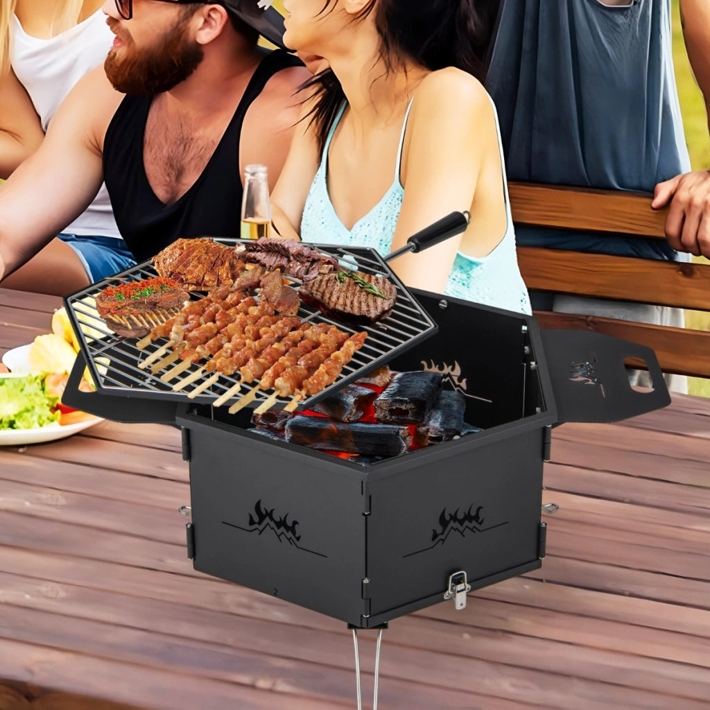 Barbecue a carbone portatile con griglia girevole a 360¡ãcorpo e gambe pieghevoli, Grill hibachi da esterno 77x74x38cm
