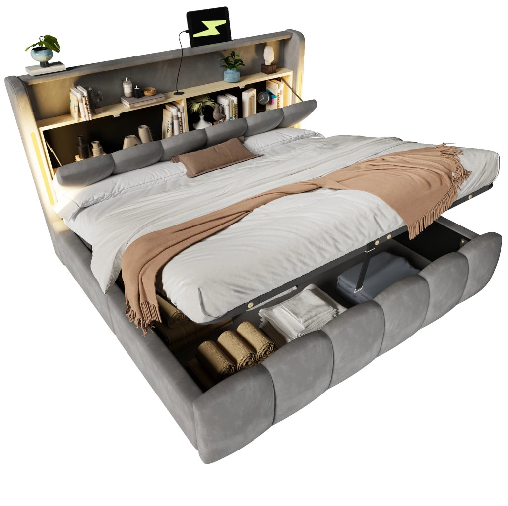 Letto imbottito 180x200 cm con luci LED; contenitore idraulico e porte USB; velluto grigio