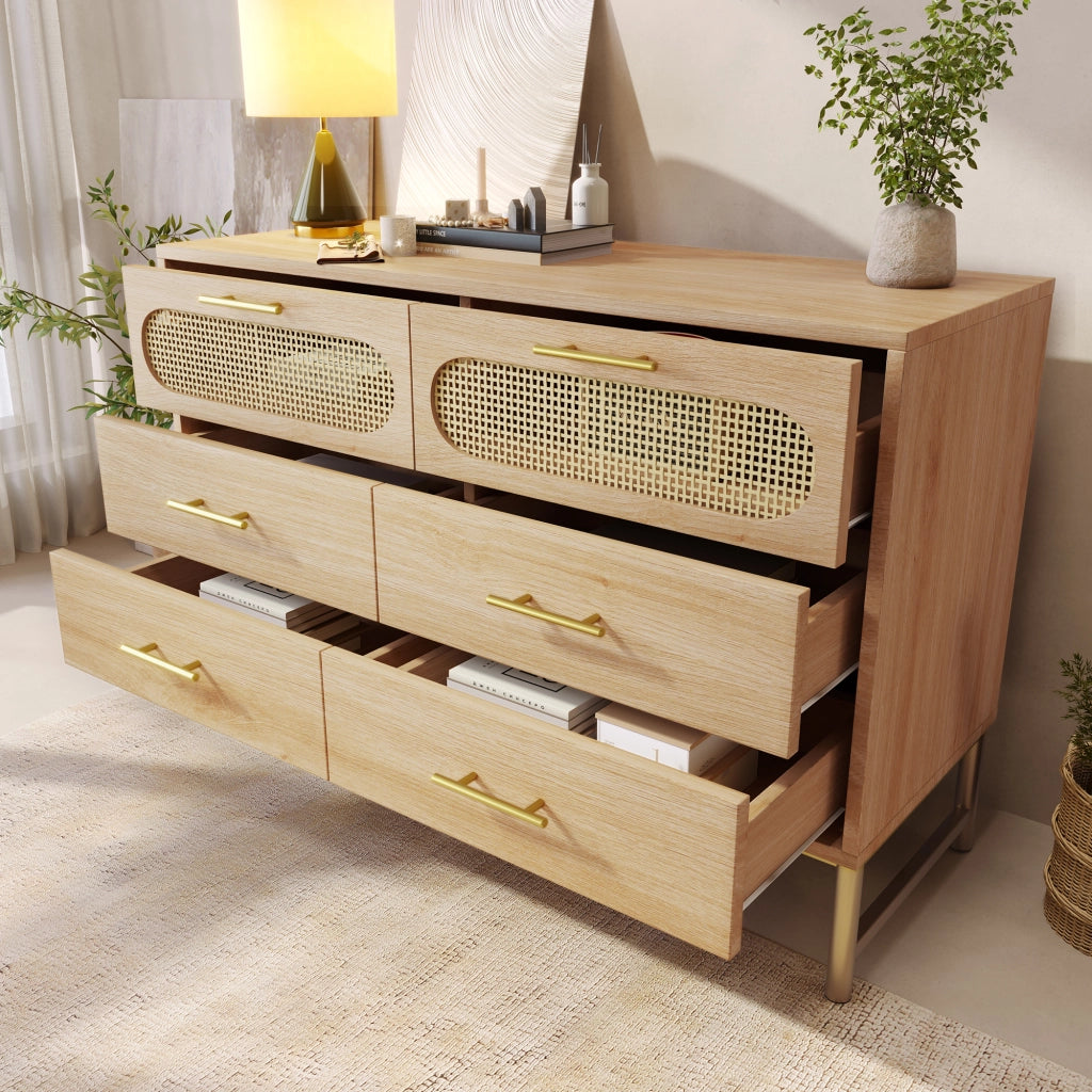 Cassettiera con 6 Cassetti; Frontali Effetto Rattan; Maniglie in Metallo; Piedini Regolabili; Stile Naturale; 120??40??74 cm; Rovere