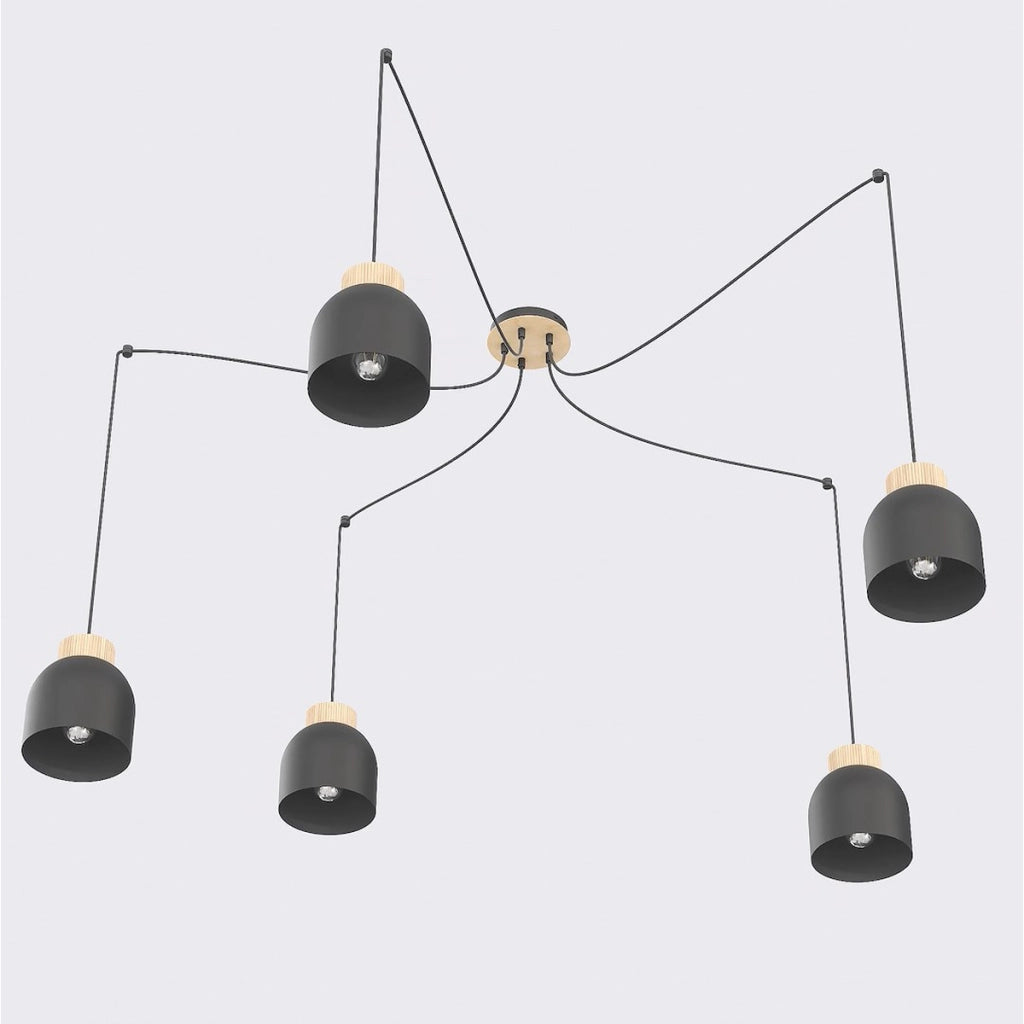 Lampada a sospensione KRU in metallo nero opaco e legno naturale