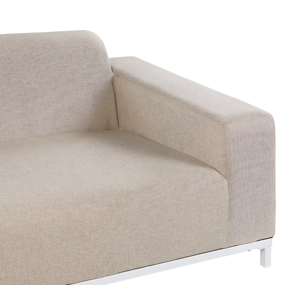 Divano da giardino Rivestimento tessuto beige Gambe alluminio bianco Mobili da esterno per interni Resistente alle intemperie per esterni