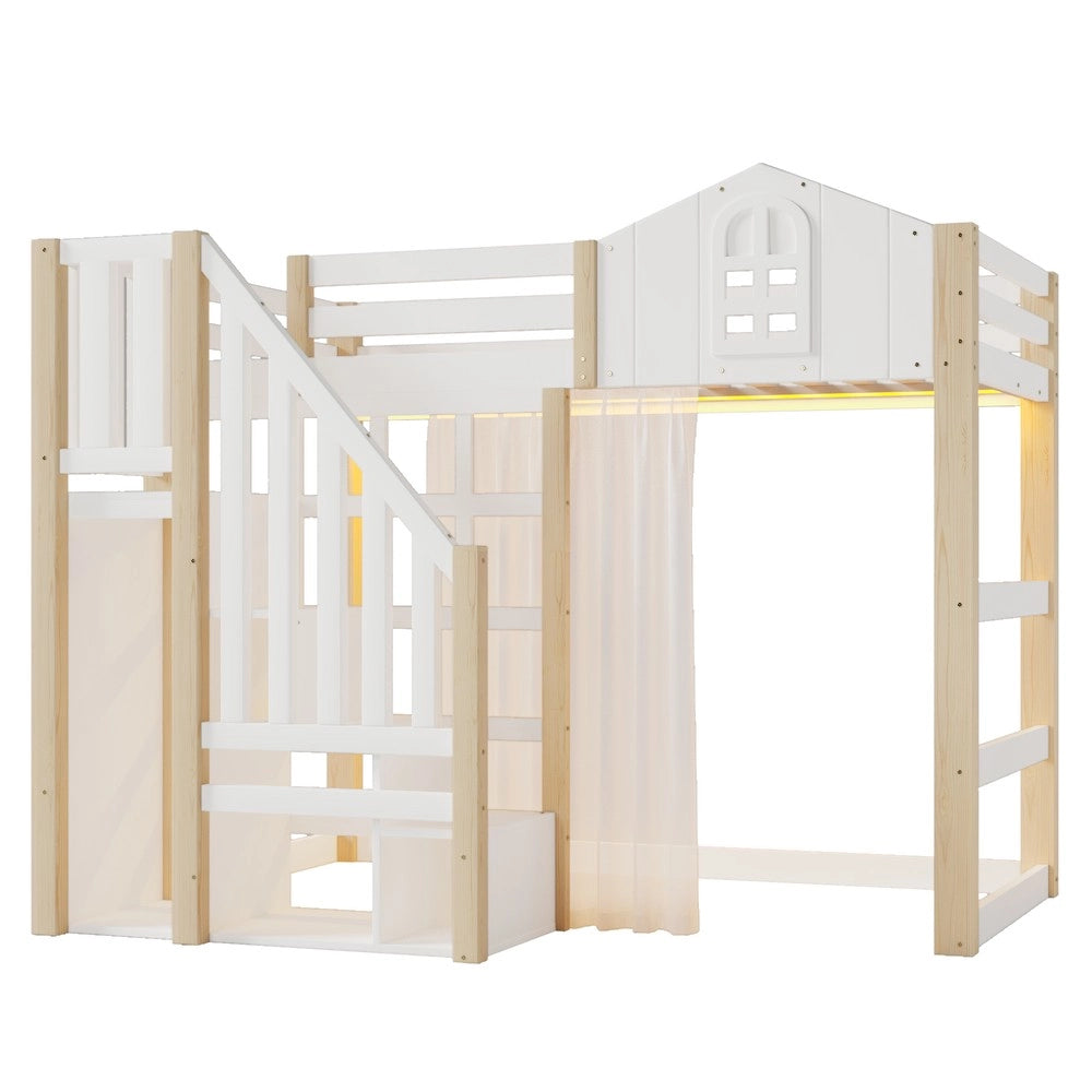 Letto a Soppalco con LED, Scaletta e Vano Contenitore ¨C MINIMAL ¨C 90x200, Bianco+Naturale, Senza Materasso