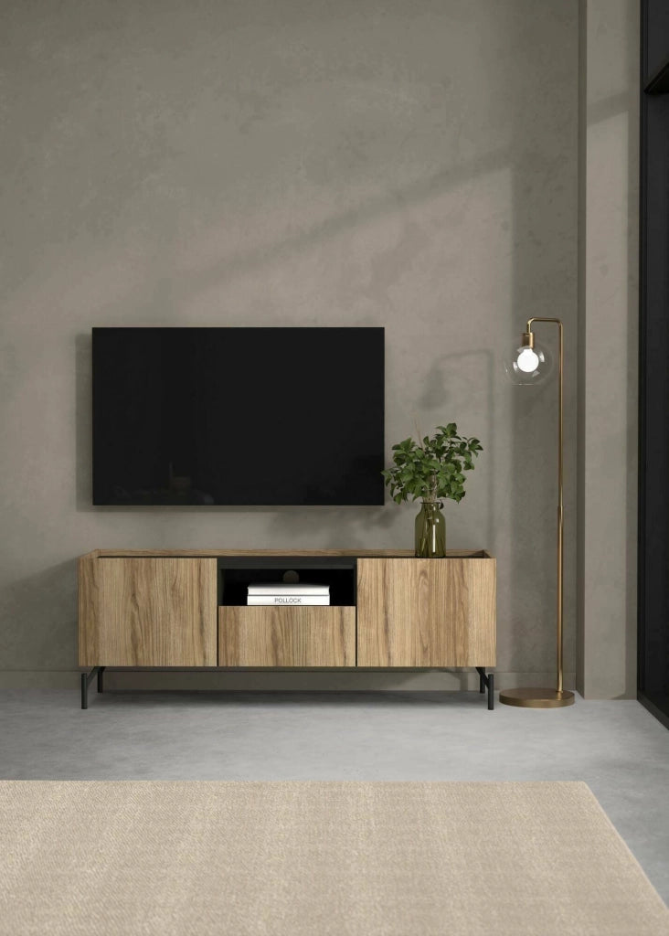 Mobile porta TV Duchi, Credenza da soggiorno, Armadio basso per TV, Base parete attrezzata, 147x41 h54 cm, Quercia e Nero