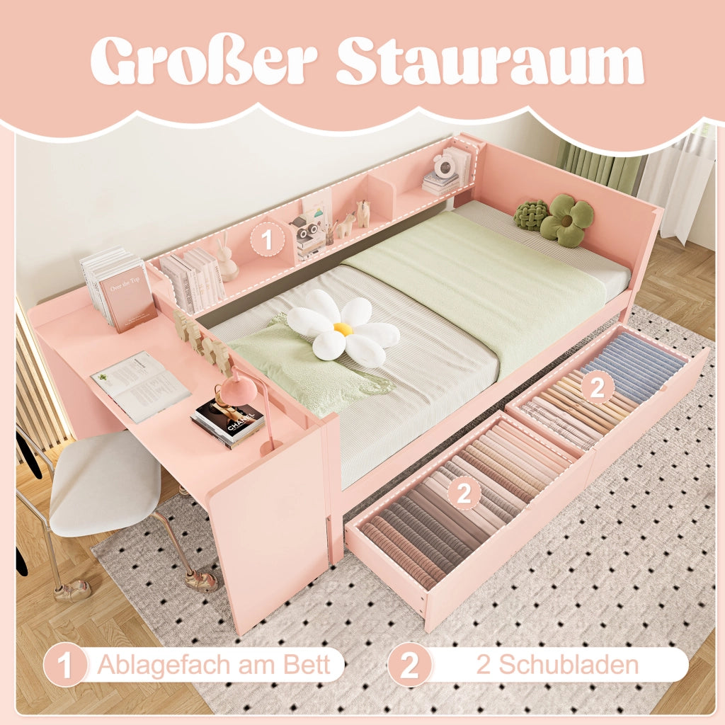 Letto singolo 90x200 cm con scrivania, 2 cassetti e ripiani, rosa