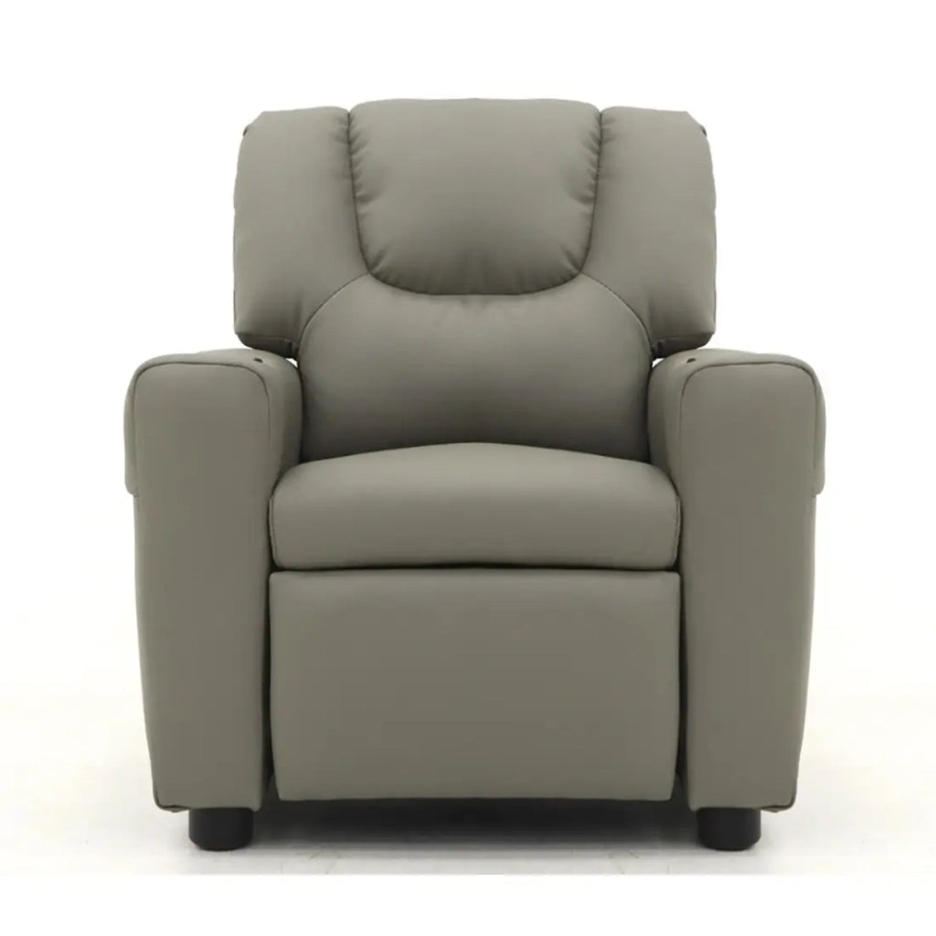 Poltrona relax ITCHI reclinabile manualmente in materiale PU di colore grigio.