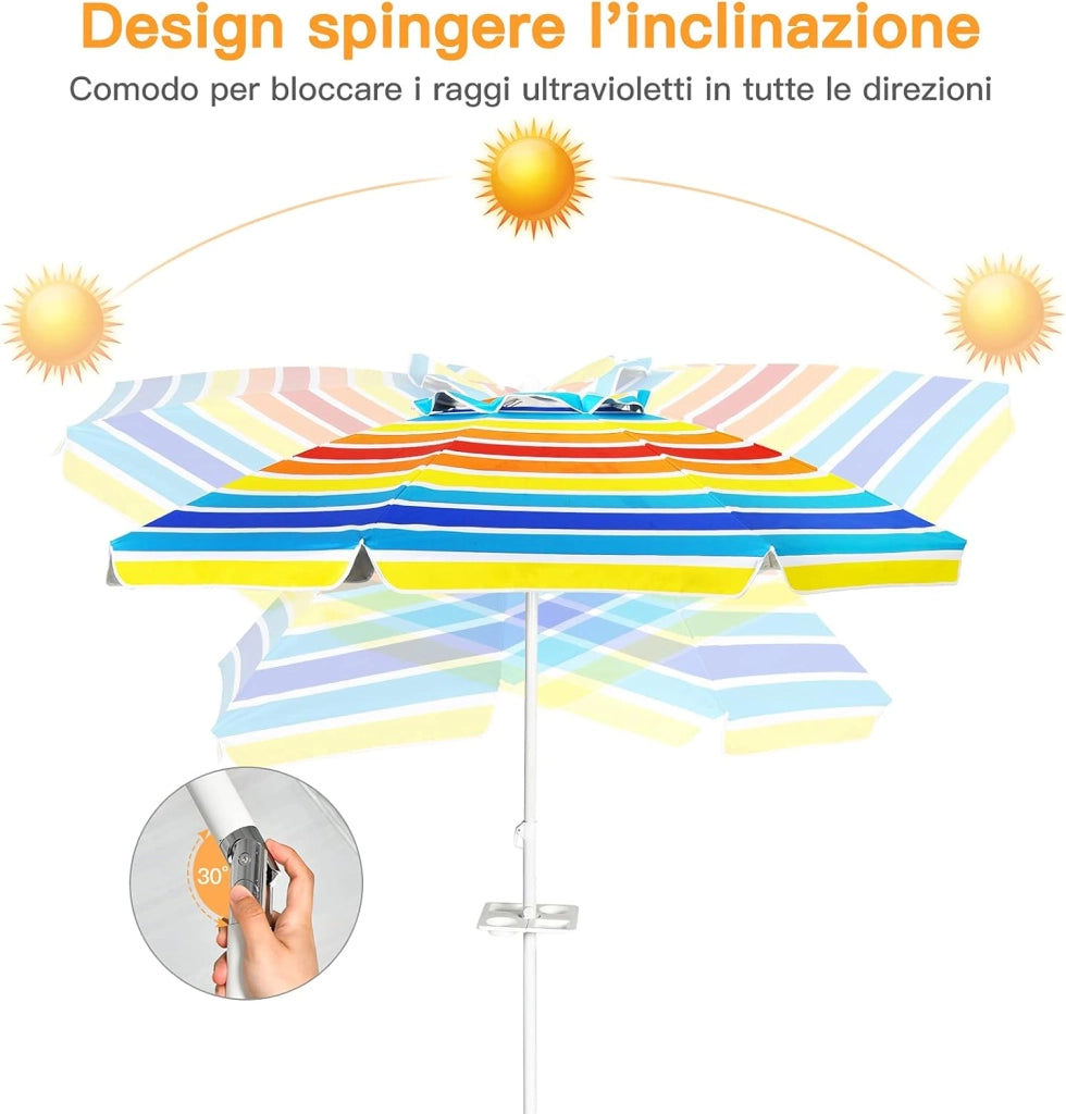 Ombrellone da Spiaggia 200 x 220 cm, Ombrellone da Mare con Inclinazione Regolabile, con Vassoio, 8 Stecche, Protezione UV, Impermeabile, Borsa di Trasporto (Colorato)