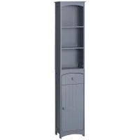 Armadio Alto da Bagno Stretto con 1 Cassetto e 3 Ripiani Aperti Stile Moderno 34x24x170 cm Grigio